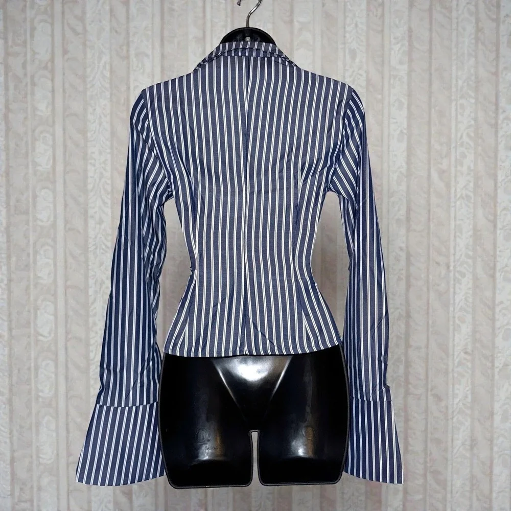 New Large Striped Long Sleeve‎ Top Shirt Flare Y2k 90's Sexy Open Front